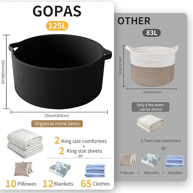 125L Extra Large Blanket Basket, 25" x 16", Jumbo Laundry Woven Baskets Decorative Home, Cotton Rope Basket with Handles, Baby Toy Baskets for Storage, Black