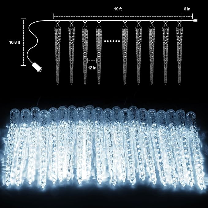 Christmas Meteor Shower Icicle Lights Outdoor, 19.8Ft With 20 Large Tube 480 LED Dropping Effect, Waterproof Decorations for House Eave Roofline, Warm White