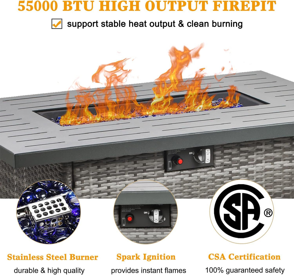 LayinSun 44" Propane Gas Fire Pit Table, 55000 BTU Rectangular Fire Pit with Glass Wind Guard for Outside Patio Deck Garden Backyard Gray-Aluminum Top