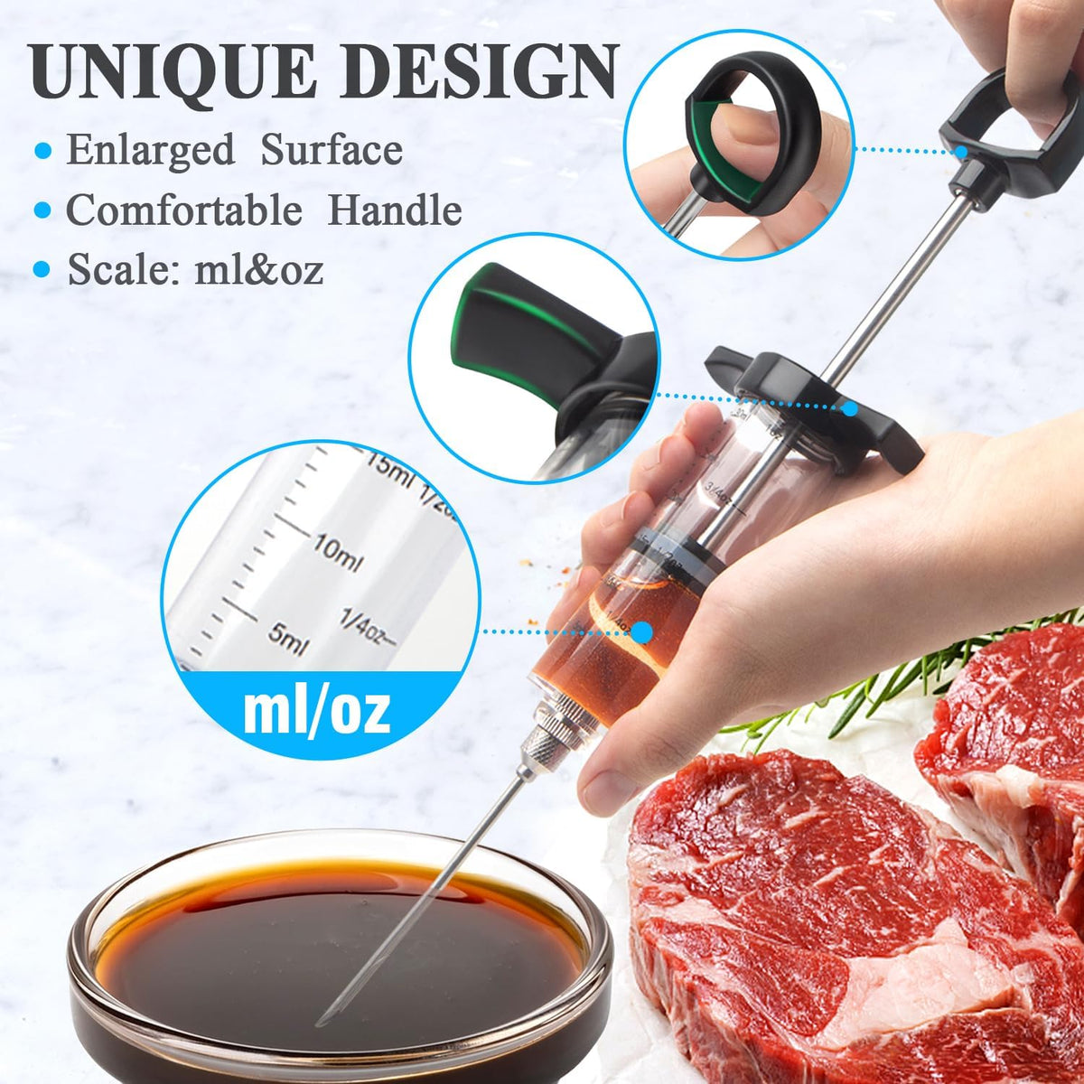 Plastic Meat Injector Kit for Smoker with 3 Flavor Food Syringe Needles, Ideal for Injecting Marinade into Turkey, Meat, Brisket; 1-OZ; Including Paper User Manual, Recipe E-Book (PDF)