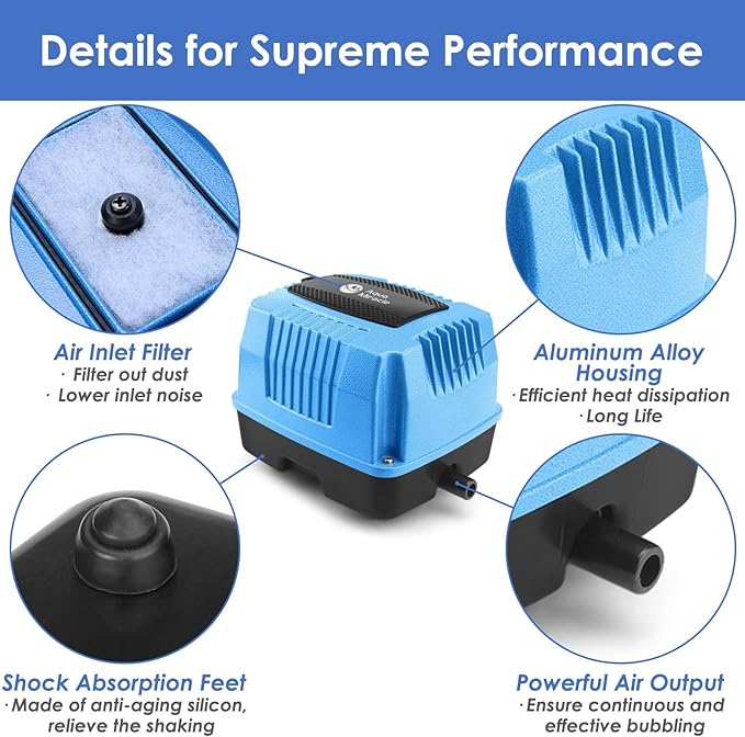 AquaMiracle Super Powerful Linear Air Pump AP-40/AP-60/AP-80 Pond Aerator, Septic Air Pump, Hydroponic Air Pump, Koi Pond Air Pump 635/950/1350GPH, for Waste Treatment, Fish Farm, Seafood Restaurant