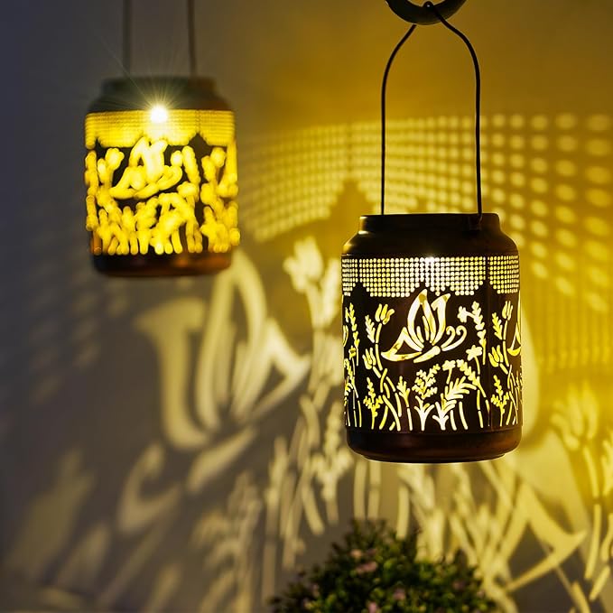 2 Pack Butterfly Solar Lanterns Outdoor Waterproof,Birthday Gifts for Women Mom,Hanging Solar Lights Outdoor LED 6.9" Metal Butterfly Decorative Lanterns for Patio,Pathway,Yard,Garden Decor