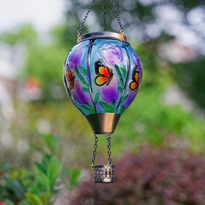 Butterfly Flower Solar Hot Air Balloon Lantern with Flame, Glass Balloon Lantern Outdoor Waterproof Lights, Hanging Solar Lights for Outside Garden Patio Porch Tree Yard Gift for Mom