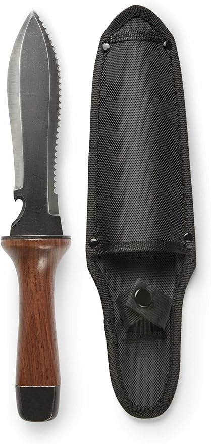 Hori Hori Garden Knife, Traditional Japanese Weeding Tool with ergonomic wooden handle. Large 7'inch blade with case. (Standard blade)