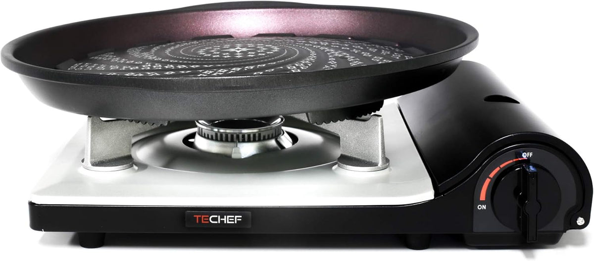 TECHEF - Stovetop Korean BBQ Non-Stick Grill Pan with Agni Portable Gas Stove Burner, Made in Korea (Grill Pan w Stove)