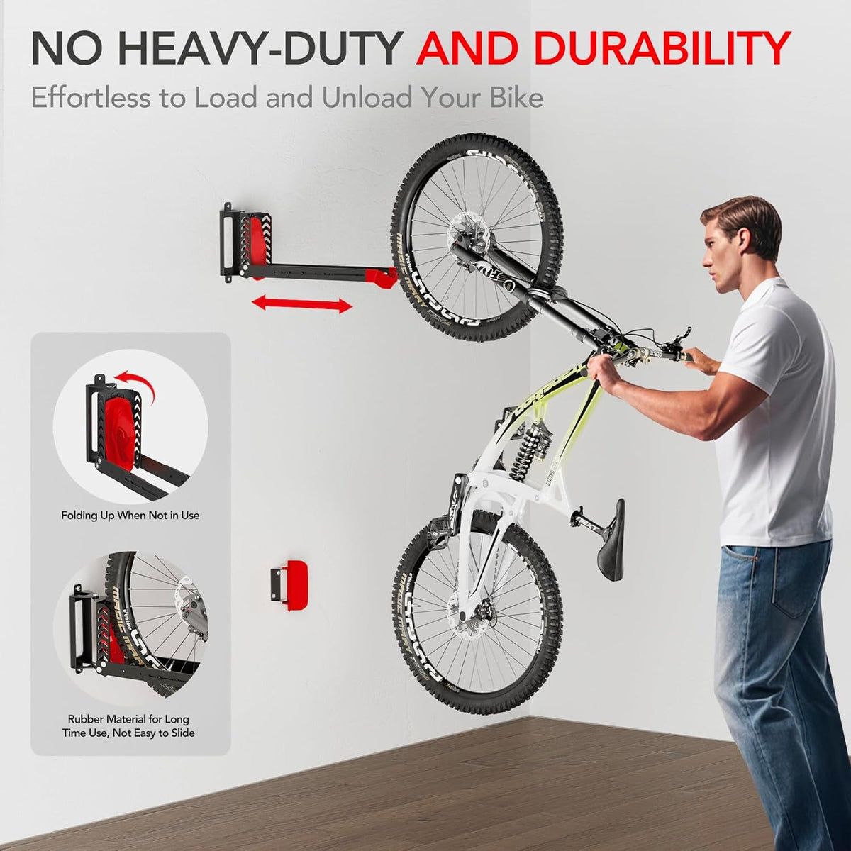 Swivel Bike Rack Wall Mount, Bike Hangers for Garage, Space-Saving Vertical Bike Holder, Holds up to 77 lbs, Bicycle Wall Hanger Storage, No Heavy Lifting Required Indoor Hanging Bike Rack-Red