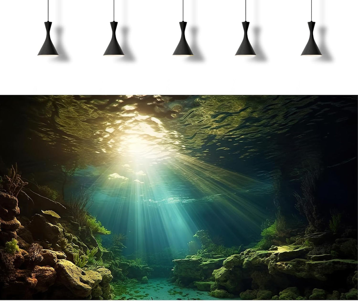 Fish Tank Background Under The Sea Aquarium Background Ocean Floor Sunray Rock Terrarium Backgrounds Coral Reef Aquatic Plants Underwater Cave Aquarium Wallpaper for Fish Tank Decorations 60x24in