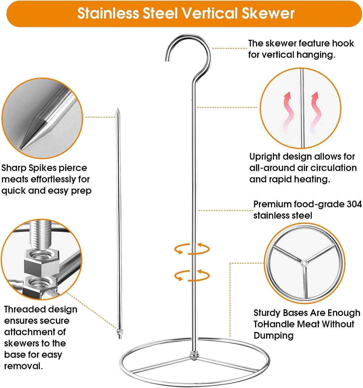 Fengzhe Stainless Removable Vertical Skewer Grill - Brazilian Barbecue Meat Spit Rack, with 1 Hook, 1 Spike, & 2 Brushes, Perfect for Grilling Steak, Whole Chickens, Whole Fish, Large Cuts of Meat.