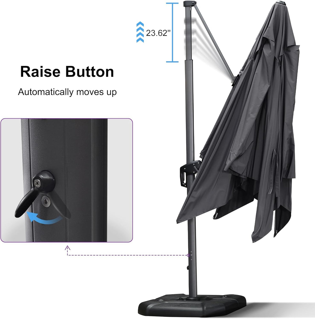PURPLE LEAF 11.5' X 11.5' Telescopic Patio Umbrella Outdoor Cantilever Umbrella Square Up Down Lifting Offset Umbrella with 360-degree Rotation for Garden Deck Pool Patio Grey