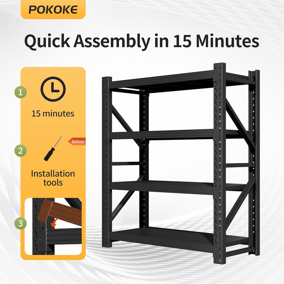 Garage Shelving Unit, 4 Tier Heavy Duty Racks, Easy Assembly, Metal Racks with Adjustable Shelves, 3000 LBS Load Capacity,for Warehouse,Basement (Black, 23.6" D x 47.2" W x 78.7" H)