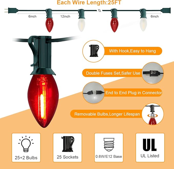 C7 LED Christmas String Lights, 25Ft Clear Red/ Frosted White Christmas String Lights with 27 LED Edison Bulbs, Connectable Vintage Christmas Lights for Outdoor Christmas Garden Wedding Party Decor