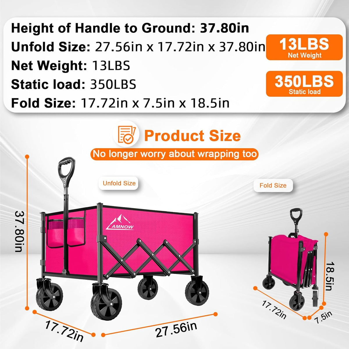 Collapsible Folding Wagon Cart, 350LBS Utility Large Capacity Cart Foldable Wagon with All Terrain Wheels, Grocery Wagons Carts for Garden Shopping Sports Camping, Rose