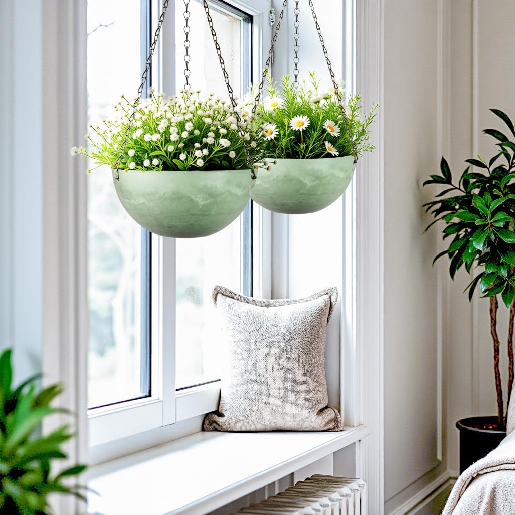 Marble Pattern 10 Inch Hanging Planter for Indoor Outdoor Plants, 2 Pack Hanging Planter Basket for Garden Home Decor Use (Green)