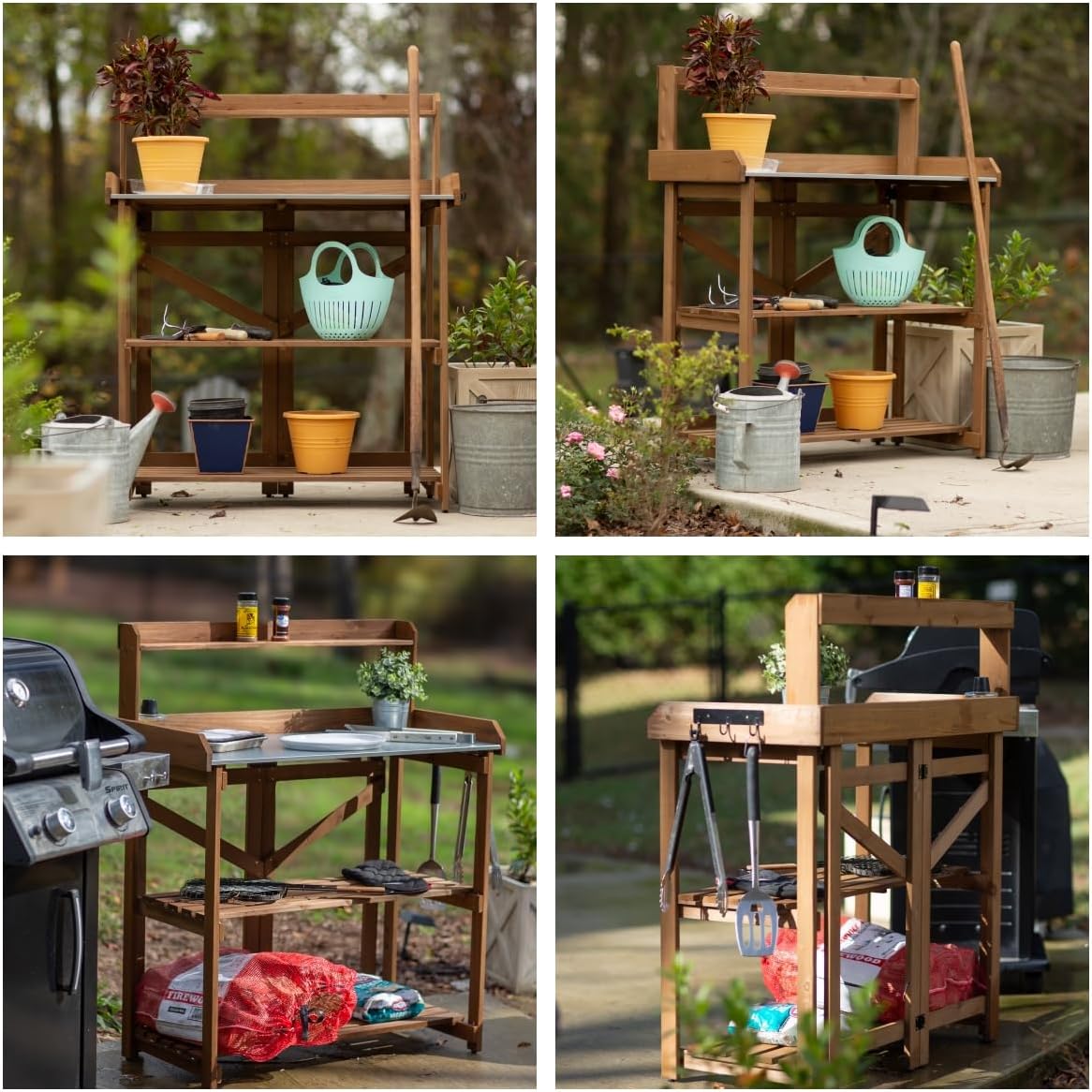 Folding Garden Potting Bench Table，Outdoor Wooden Work Station W/Metal Table Top,2 Tier Open Storage Rack,Top Shelf-Natural Stained