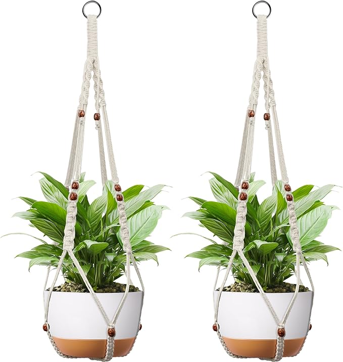43 Inch Macrame Plant Hanger - Fits 6-15 Inch Pots, Extra Long Hanging Planter Holder for Indoor Outdoor, with Red Wood Beads, Boho Home Decor, 2 Pack, Ivory (POTS NOT Included)