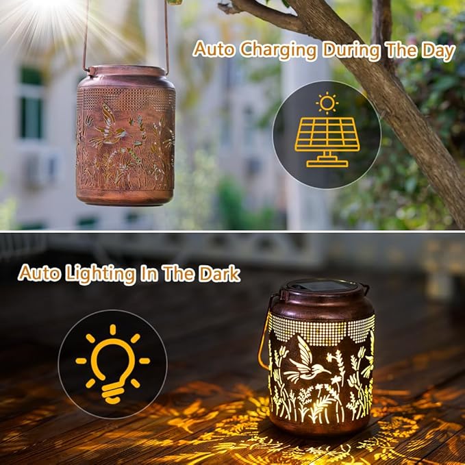 Hummingbird Solar Lanterns Outdoor Waterproof,Metal Garden Decor Hummingbird Gifts Hanging Solar Lanterns Outdoor Lights for Patio, Yard, Poch,Table Birthday Gifts for Women Mom
