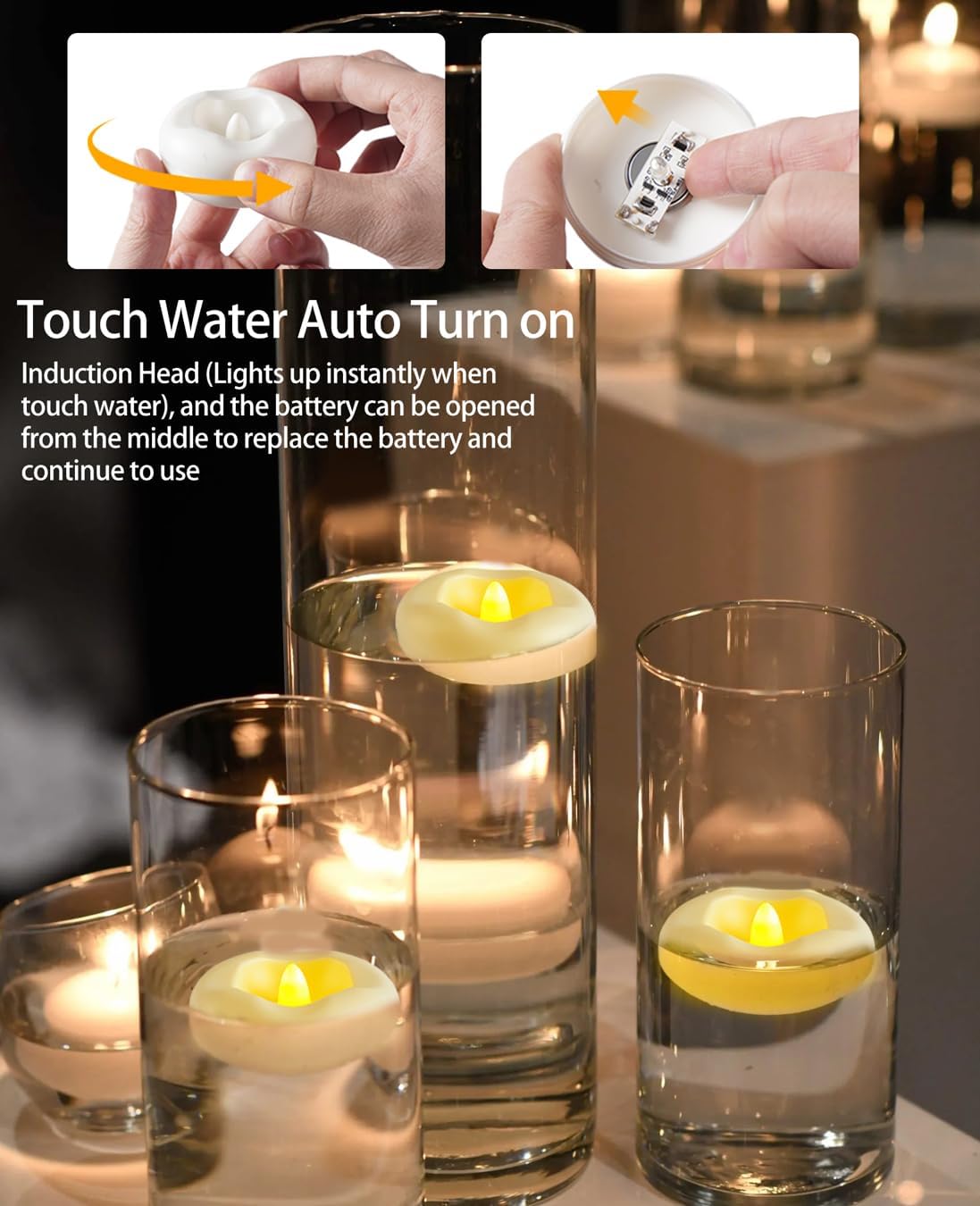 12x 2”Floating Candle, 200 Hour Water Activated Warm White Battery Powered Flameless LED Floating Candle Floating for centerpieces/Bathtub/Pool/Fountain
