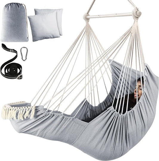 Chihee Hammock Chair Hanging Chair with Foot Rest 2 Cushions Max 500lbs Robust Metal Spreader Bar Collapsible Easy Storage Soft Cotton Swing Chair Strong Strap Iron Carabiner Side Pocket Included