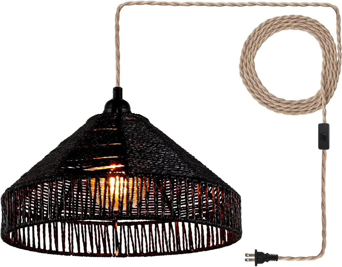 Plug in Pendant Light Rattan Hanging Lamp with On/Off Switch 15 Ft Hemp Rope Modern Woven Pendant Light Fixtures 12" Handwoven Rattan Basket Shade Boho