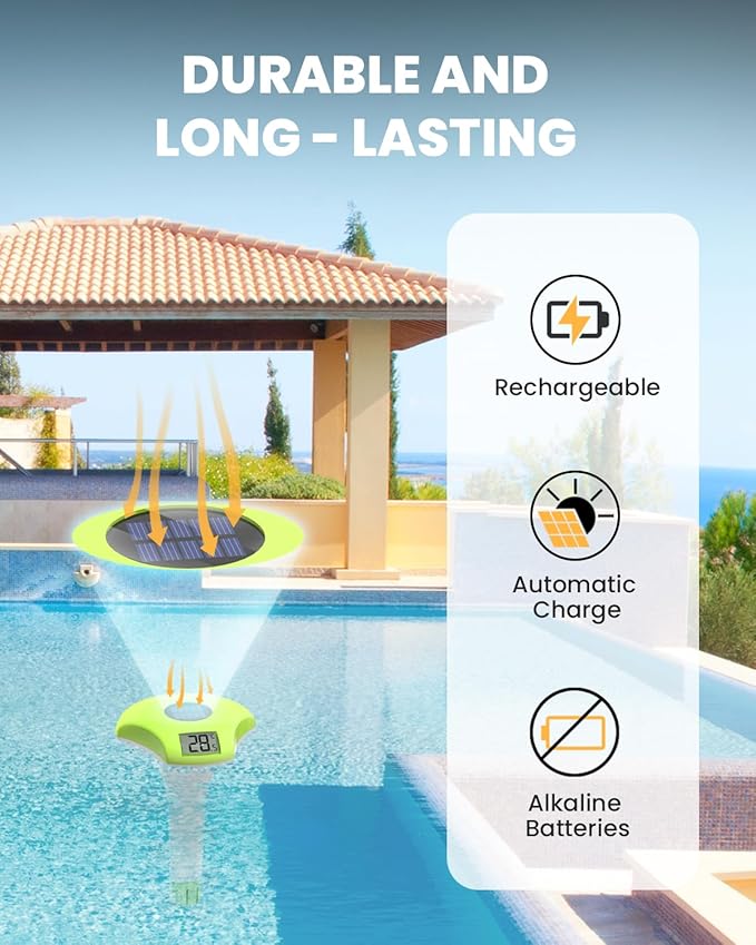 BALDR Pool Thermometer Floating Easy Read, IPX8 Waterproof, Solar Powered Digital Pool Thermometer with LCD Screen,Suitable for Swimming Pool/Hot Tub/Hot Spring/Aquarium (Green)