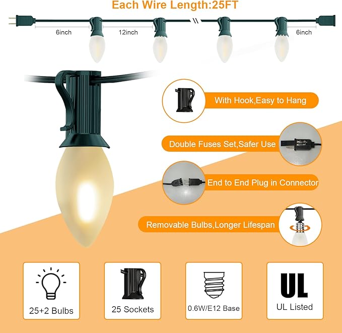 Abeja C7 LED Christmas Lights, 25Ft C7 Frosted White String Lights with 27 Vintage Incandescent Bulbs (E12 Base, 0.6W) Christmas Vintage String Light for Backyard Porch Balcony Party Christmas Decor