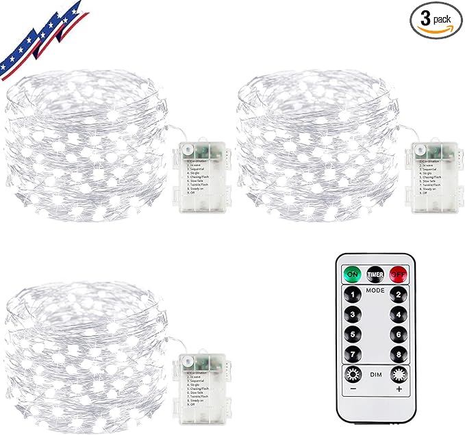 3Pack 99Ft 300LED Fairy Lights Battery Operated with Remote, Waterproof String Lights with Timer for Indoor & Outdoor, Twinkle Lights Battery Powered for Bedroom Wedding Christmas Decor (Cool White)