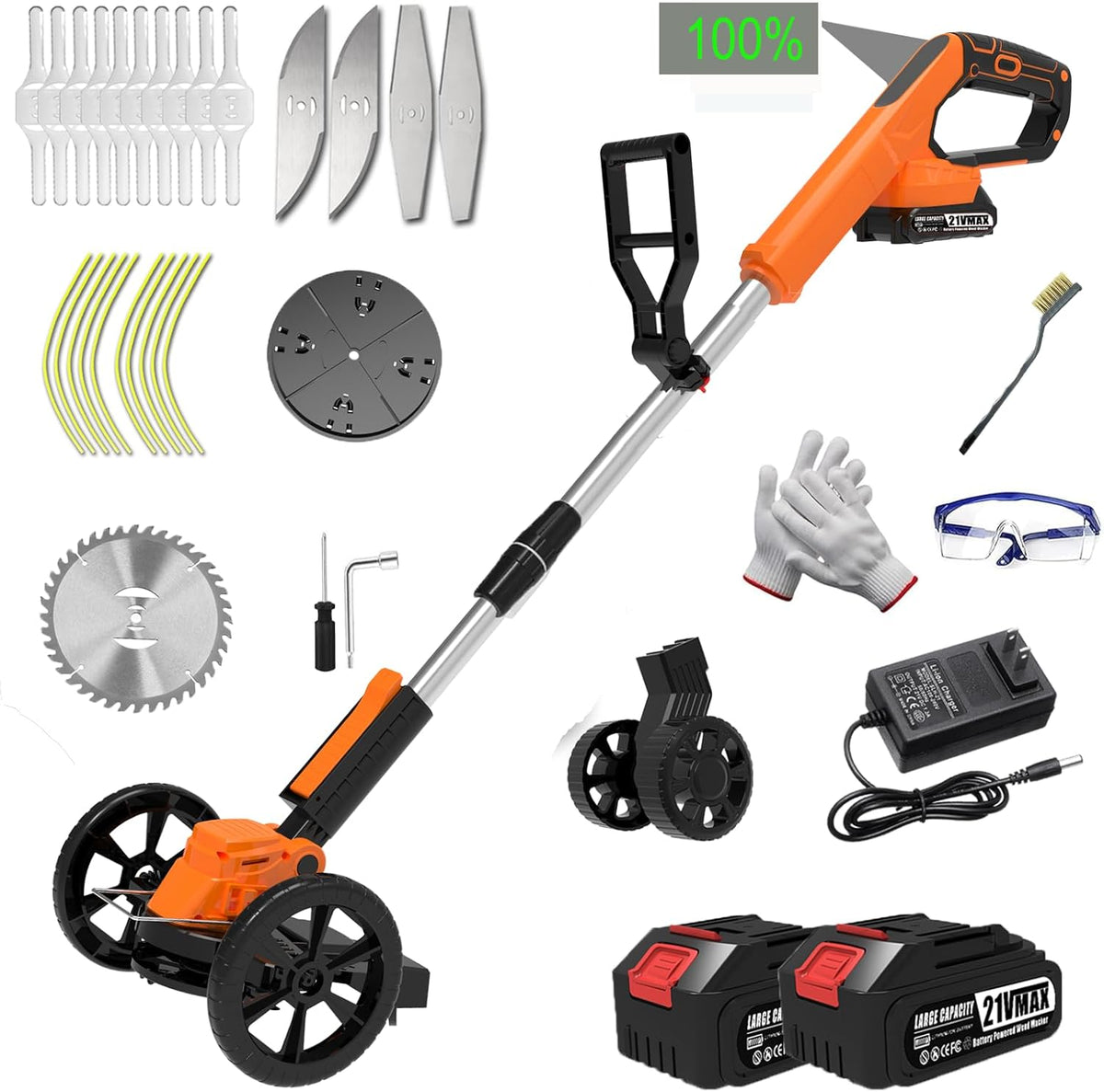 Weed Wacker Battery Powered Electric Cordless Weed Trimmer, with 2Pcs 21V Battery 5 Types Blades Lightweight Grass Trimmer Edger Lawn Tool, Push Wheeled No-String Trimmer for Garden Yard