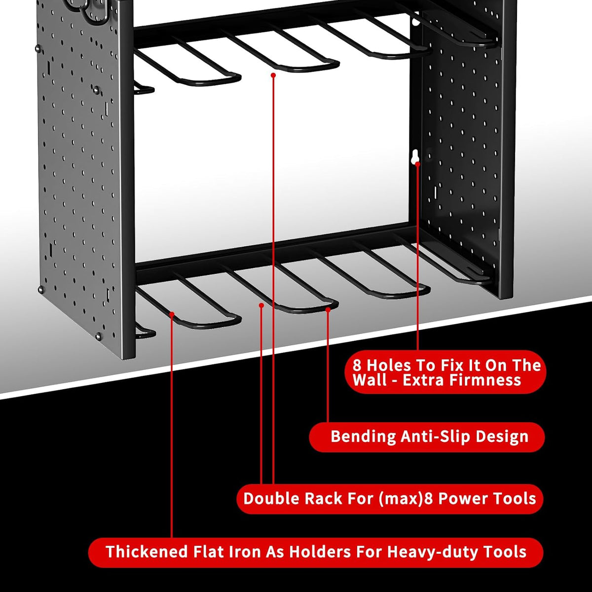 KAFAHOM Power Tool Organizer, Large 8 Drill Holder Wall Mount with 2 Side Pegboards,5 Layer Heavy Duty Metal Tool Storage Rack, Tool Shelf for Garage Organization, Utility Battery Shelves - Red