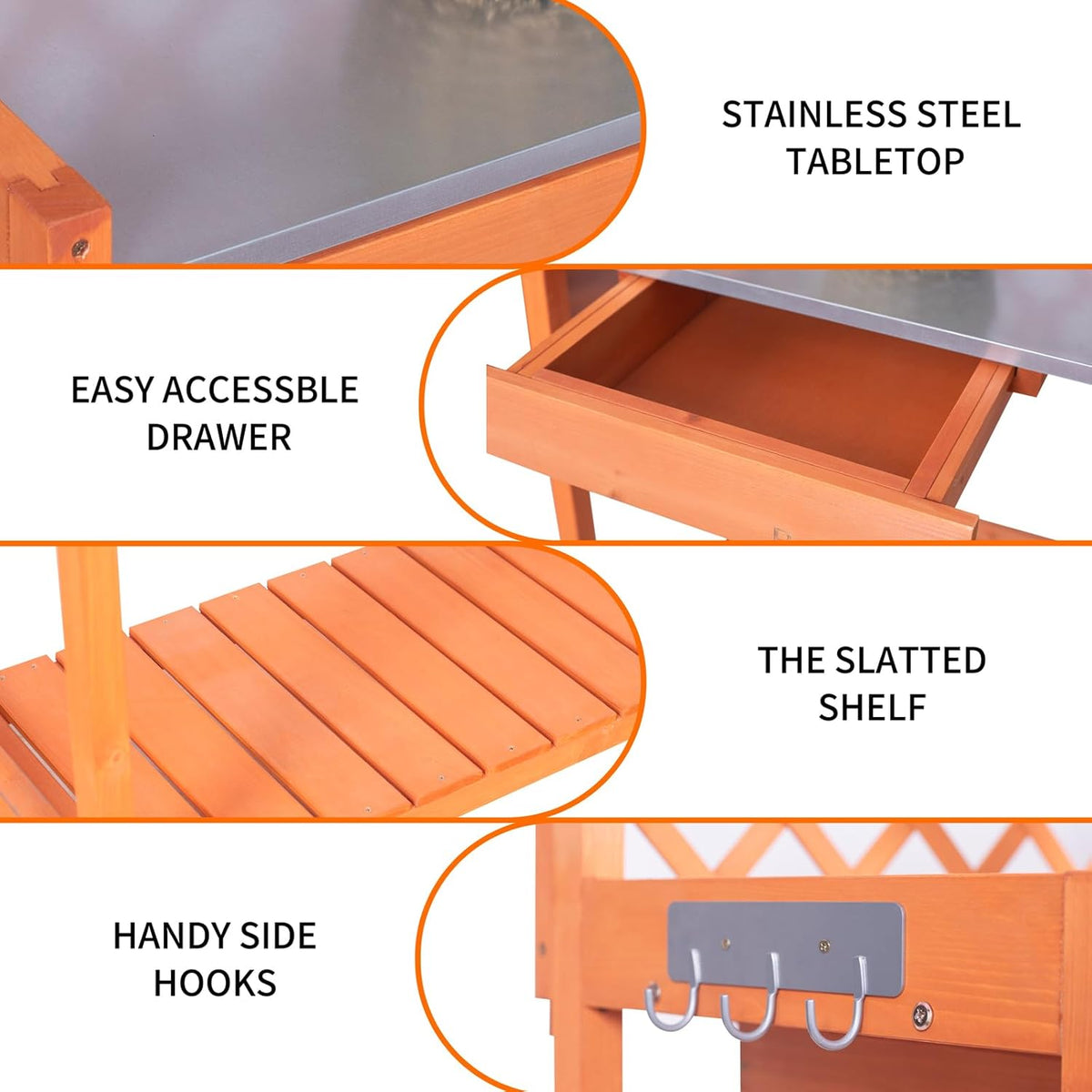 Outdoor Potting Bench & Wooden Gardening Work Station Planting Table with Metal Tabletop, Drawer, Storage, and Hooks