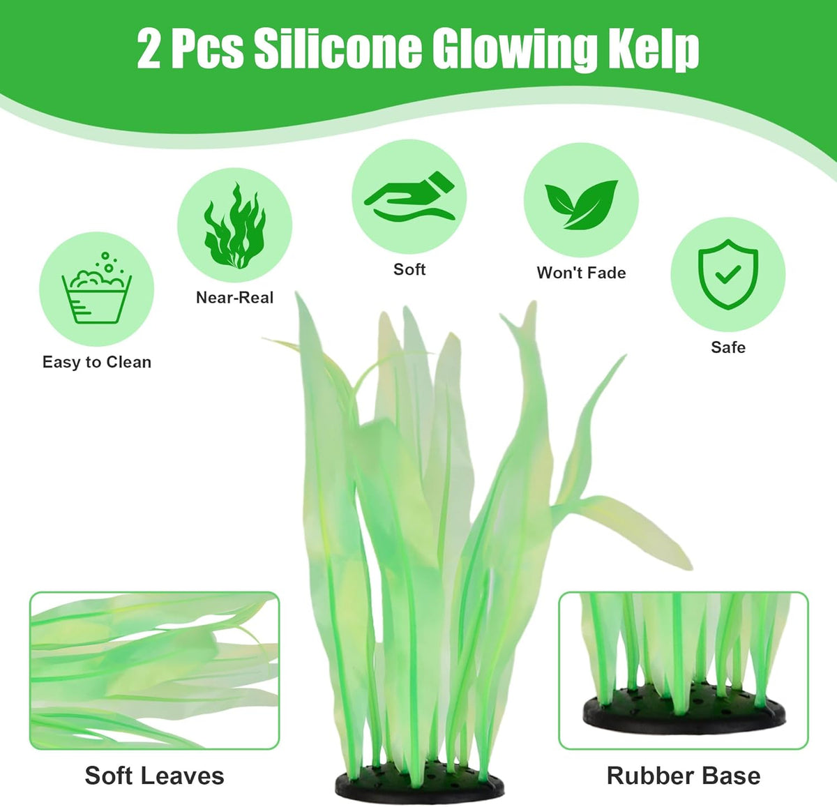 Kaiyuan Dynasty 2pc Artificial Fish Tank Plants Aquarium Decoration Plants Silicone Glowing Kelp Ornament Fish Tank Decor Aquarium Plant Aquatic Water Grass,7inch,Green