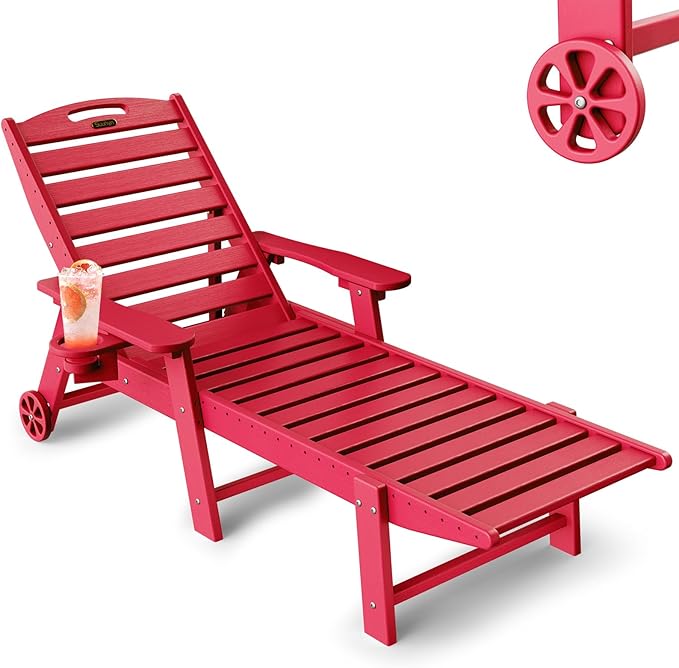 Chaise Lounge Chair Outdoor with Wheels, 6-Position Adjustable HDPE Chaise Lounge Chair with Cup Holder, Outdoor Chair for Pool Poolside Deck Backyard Patio, Red