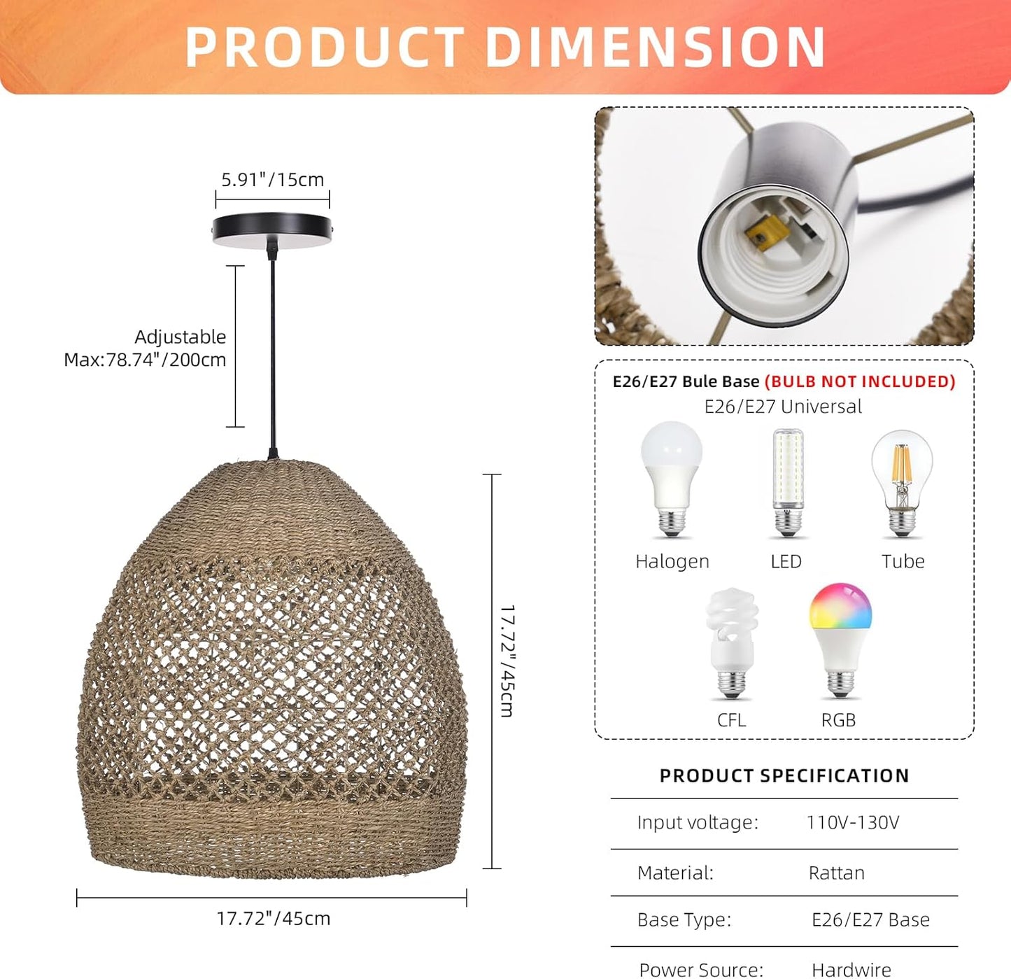 Arturesthome Boho Chandelier, Rustic Rattan Basket Woven Pendant Light Coastal Light Fixture, Farmhouse Wicker Hanging Lighting for Dining Table Kitchen Island Bedroom D17.7in