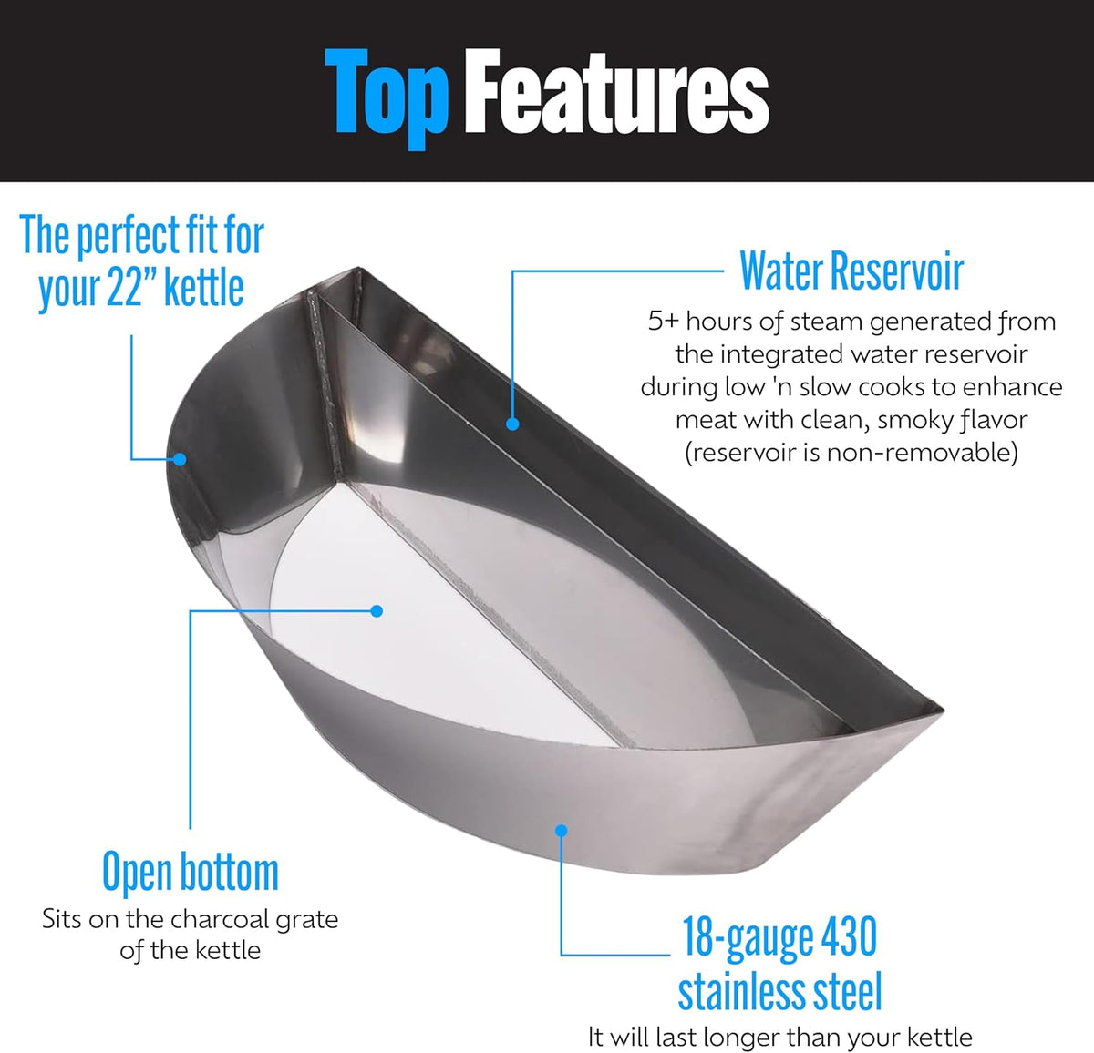 SnS Grills Patented Slow ‘N Sear Original Insert - Stainless Steel Charcoal Basket with Built-In Water Reservoir for Low ‘N Slow Smoking & Charcoal Grilling for Weber & Other Kettle Grills - 22 in