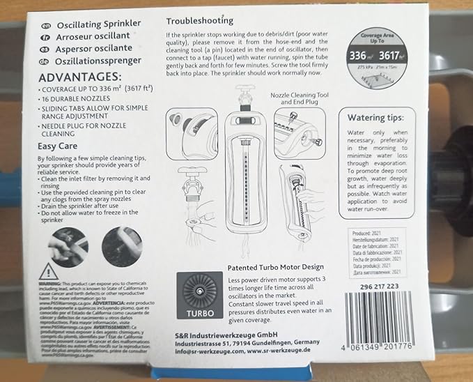 GRÜNTEK Oscillation Sprinkler Primavera up to 3617 ft² Irrigation Area, Blasting Width Up to 69x49ft., Oscillating Sprinkler for Lawn, Plants, Garden