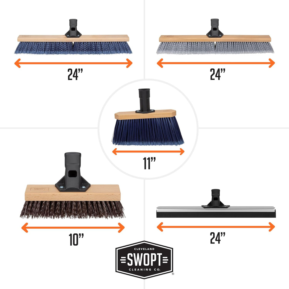 SWOPT Garage Kit — Includes 48” and 60” Wooden Handles, Smooth Surface Push Broom, Multi-Surface Push Broom, Angle Broom, Deck Brush, Floor Squeegee, and Organizer — Covers All Outdoor Cleaning Needs