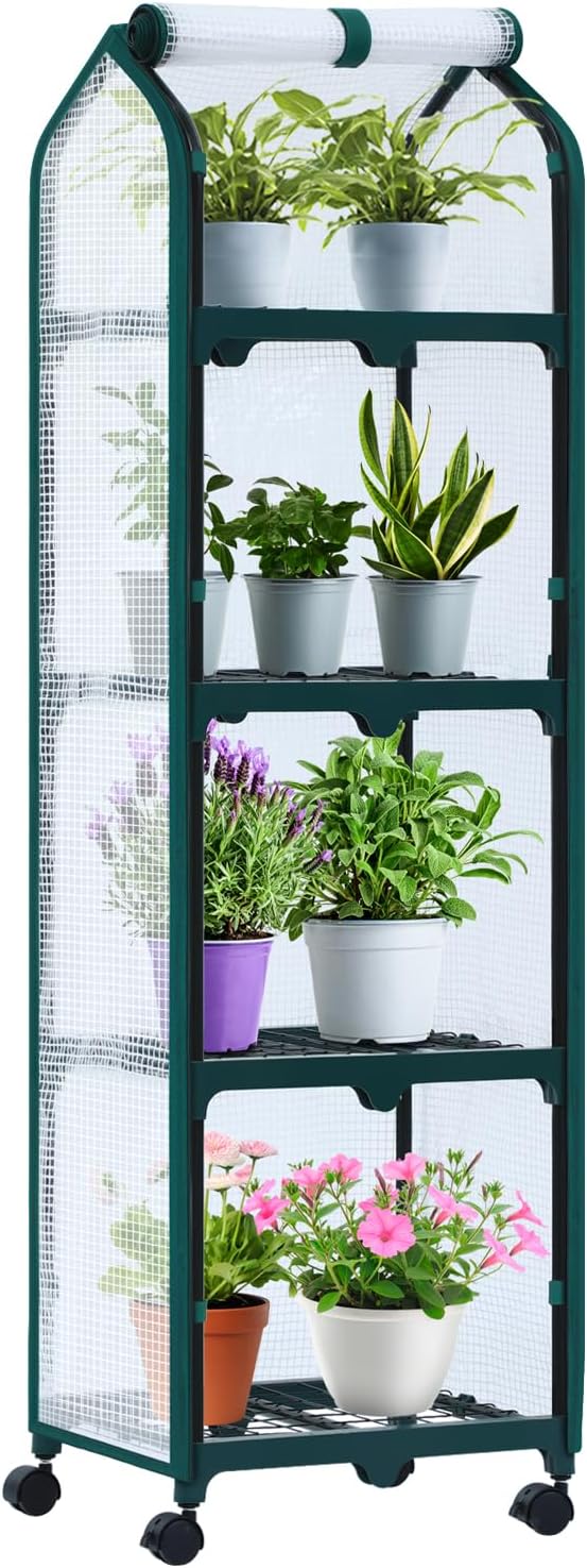 Ohuhu Mini Greenhouse for Indoor Outdoor, Small Plastic Plant Green House with Locking Wheels Portable Greenhouses with Durable Cover for Seedling,Ideal Gardening Gifts for Women Men White