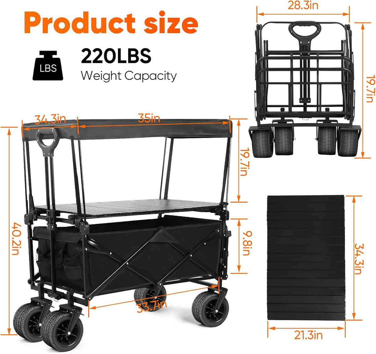 Collapsible Wagon with Table and Canopy, Large Capacity Wagons Carts, Beach Wagon with Big Wheels, Heavy Duty Beach Car Utility Wagon for Outdoor Park, Shopping, Sports, Camping, Garden