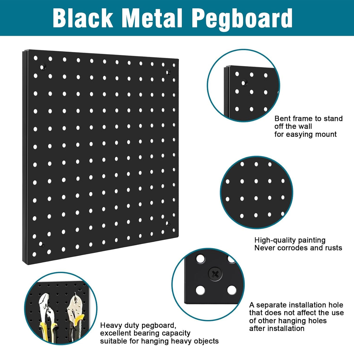 Peg Board,Steel Organization Panels, Ideal for Garage Tool Storage, Office Organization, Craft Room, Kitchen,Pack of 6(Black, 6-12X12)