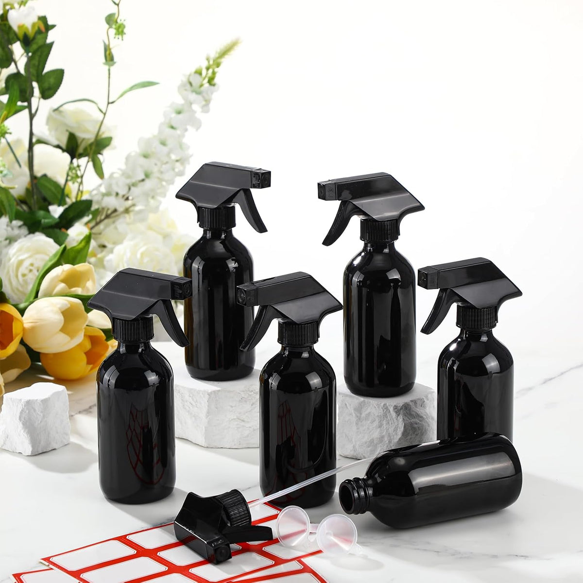 Norme 12 Pcs 8 oz Glass Spray Bottles with Funnels and Labels Refillable Cosmetic Empty Spray Bottles with Sprayer Containers for Essential Oil Cleaning Solutions(Black,Classic)