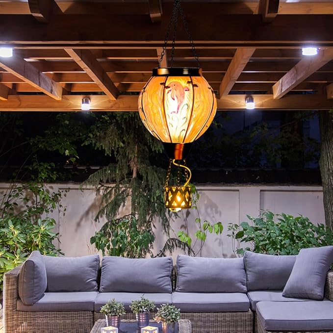 Blue Dolphin Hot Air Balloon Solar Lantern with Flame Flickering Light LED Glass Hanging Solar Lanterns Outdoor Waterproof Hot Air Balloon Decor for Patio Yard Garden Mother Day Gift for Women