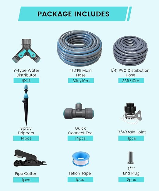 Automatic Drip Irrigation Kits with Y-Type Distribution Tubing, 14 Drip and Spray Integrated Nozzles, 33ft PE Main Tube, and 33ft PVC Branch Tubing for Garden, Patio, and Greenhouse