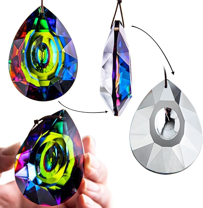 HDCRYSTALGIFTS 2PCS 76mm Crystal Prisms Suncatchers Hanging Ornament for Window, Chandelier Lamp Drops Pendant Rainbow Maker Home Garden Decoration (Single Face Colorful)
