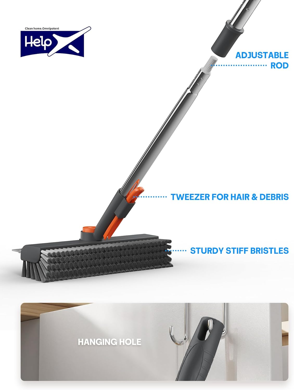 Floor Scrub Brush with Long Handle, 3 in 1 Multi-angle Swivel Right Angled Bristle Floor Scrubber Brush with Squeegee and Tweezer for Cleaning Tile Wall Deck Bathroom Patio Garage Kitchen (Grey)