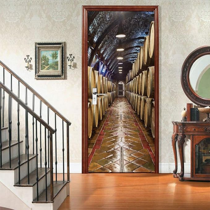 3D Door Stickers Murals - Peel & Stick Wine Cellar Theme - Removable PVC Waterproof Door Poster, 34.6" x 78.7" for Bedroom & Living Room