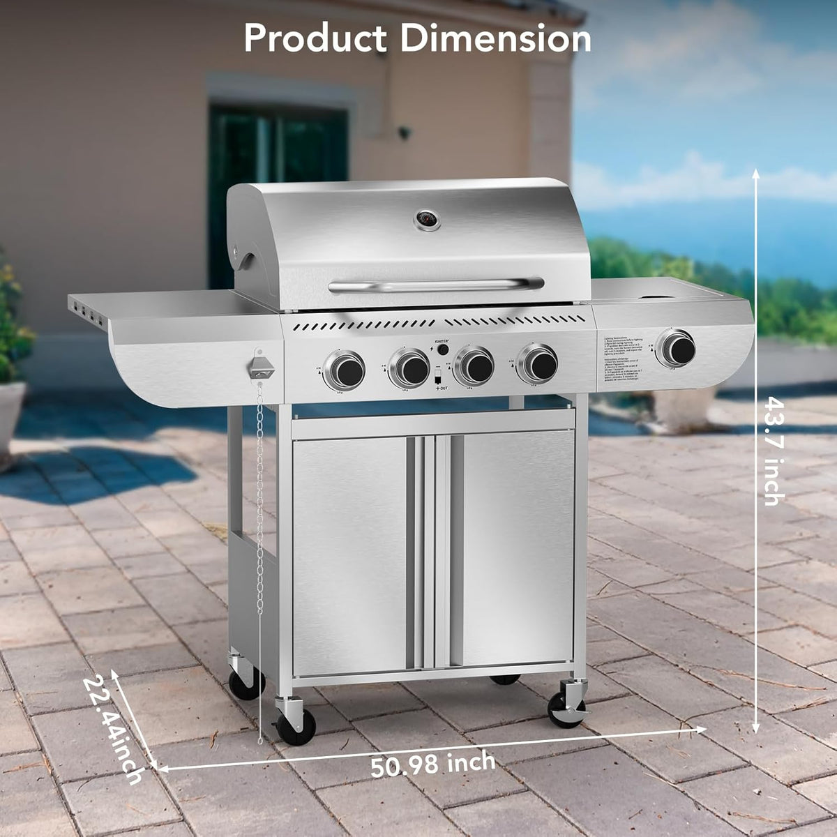 Gas Grill,Heavy-Duty Stainless Steel BBQ Grill,4 Burner Gas Grill with Side Burner,42000 BTU Propane Grill for Outdoor Cooking,Barbecue,Garden and Patio Backyard