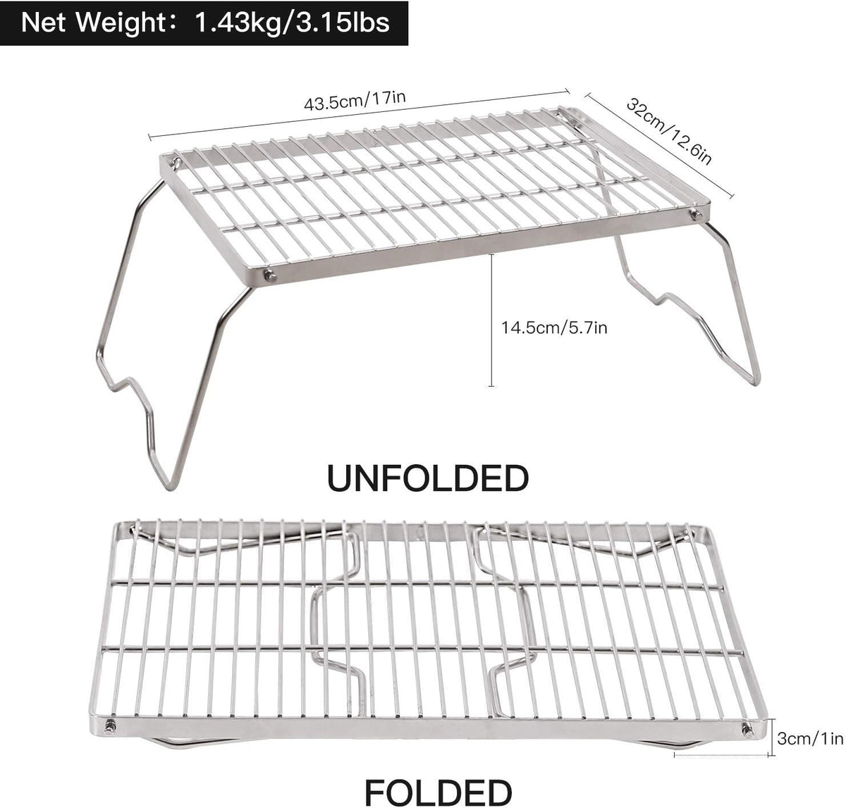 REDCAMP 17" Large Folding Campfire Grill 304 Stainless Steel Grate, Heavy Duty Portable Camping Grill with Carrying Bag for Outdoor Cooking Backpacking Hiking Picnics BBQ