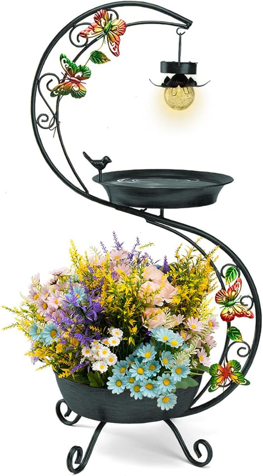 Bird Bath for Outside with Solar Lamp, 36" Birdbaths for Outdoors with Planter Flower Pot, Metal Bird Bath Bowl for Garden Yard Decor (All Black)