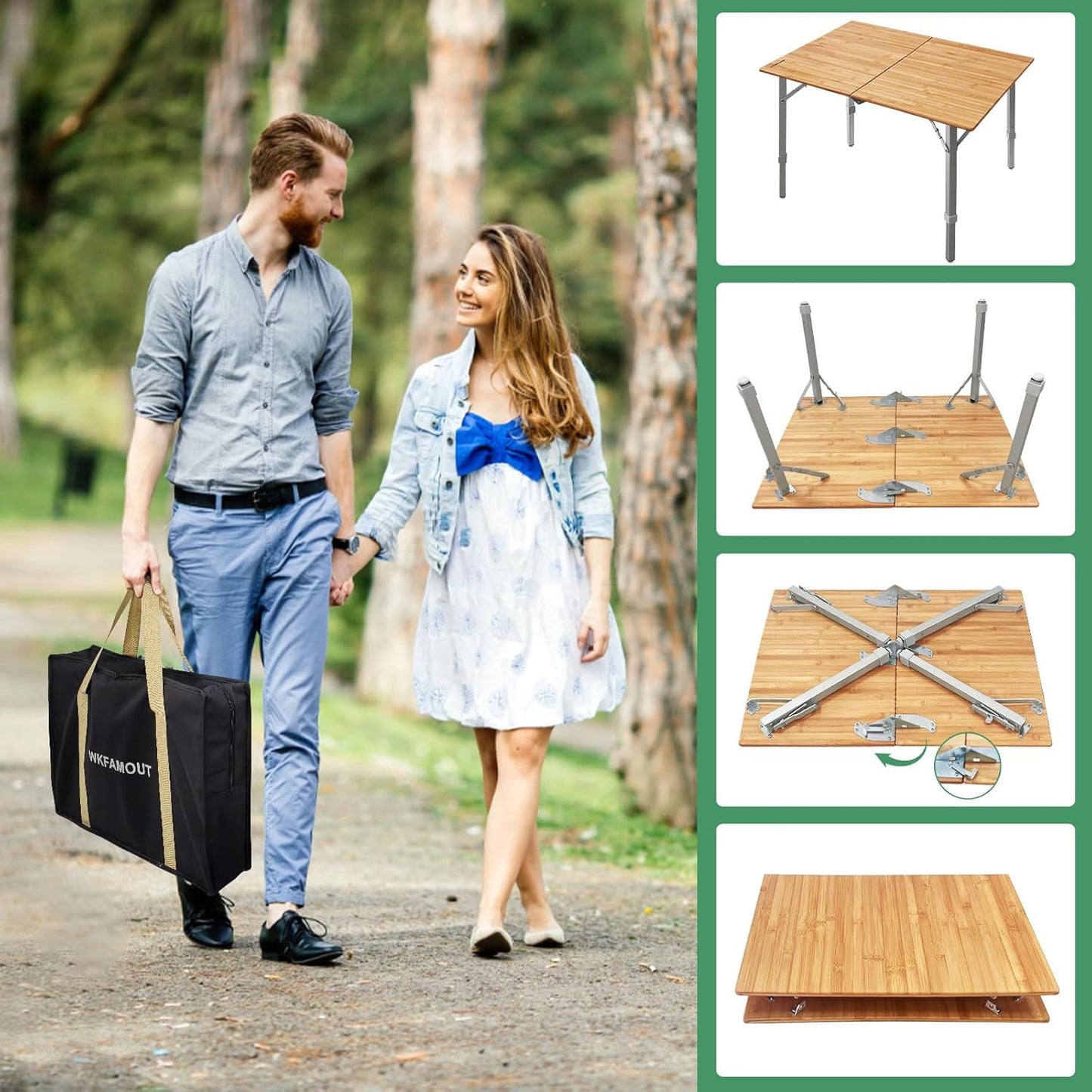 Bamboo Folding Camping Table 2-Folds with Adjustable Aluminum Legs Portable Picnic Table with Carry Bag for Outdoor Hiking Beach 2-4 Person