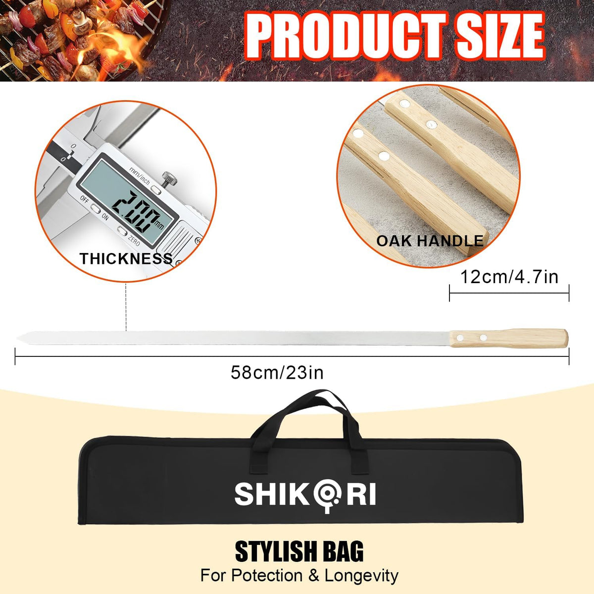 SHIKORI Kabob Skewers,BBQ Barbecue Skewers,Stainless Steel Sticks,23 Inch Heavy Duty Large Wide Reusable,with Nonslip Wooden-12 Pcs