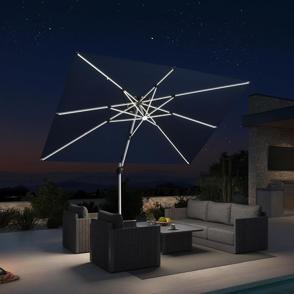 PURPLE LEAF 10' X 10' Solar Powered LED Patio Large Umbrella Offset Double Top Hanging Umbrella Outdoor Market Umbrella for Garden, Spectrum Indigo